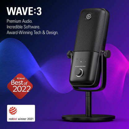 Elgato Wave:3 - Premium Studio Quality USB Condenser Microphone for Streaming, Podcast, Gaming and Home Office, Free Mixer Software, Sound Effect Plugins, Anti-Distortion, Plug ’N Play, for Mac, PC