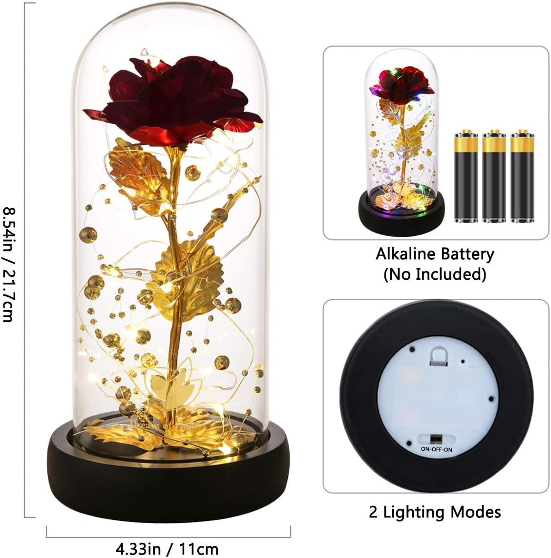 Valentines Day Gifts, Eternal Rose in Glass Dome, Colorful LED Lights