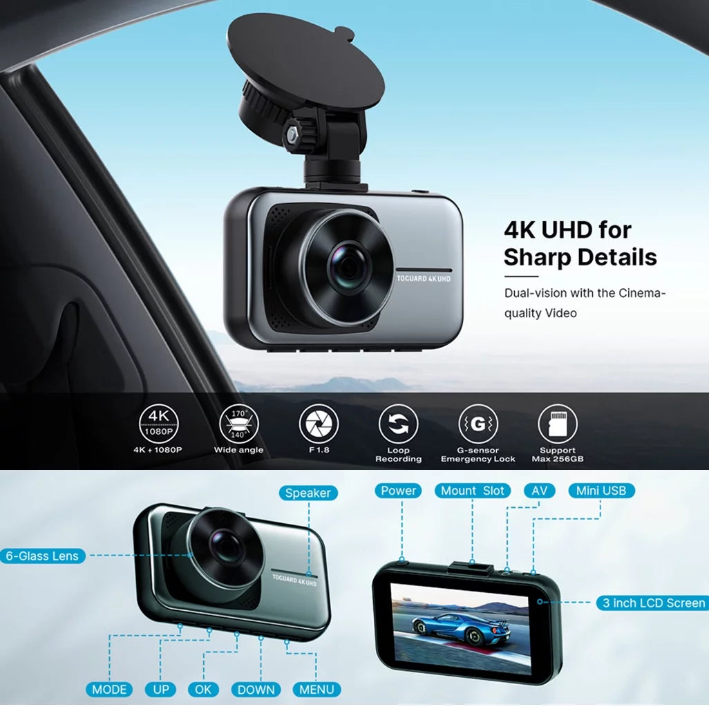 4K Dash Cam Front and Rear Dash Camera, with 1080P Waterproof Car Camera, Loop Recording, G-Sensor Function, Motion Detection, Parking Monitor, WDR