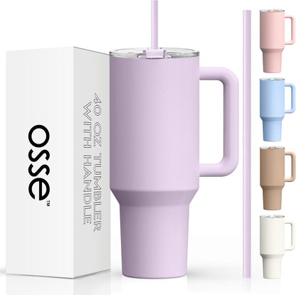 Osse 40Oz Tumbler with Handle and Straw Lid | Double Wall Vacuum Reusable Stainless Steel Insulated Water Bottle Travel Mug Cup | Modern Insulated Tumblers Cupholder Friendly (Cream 2)