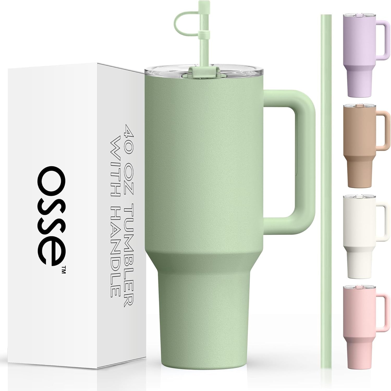 Osse 40Oz Tumbler with Handle and Straw Lid | Double Wall Vacuum Reusable Stainless Steel Insulated Water Bottle Travel Mug Cup | Modern Insulated Tumblers Cupholder Friendly (Sage)