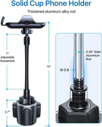 Andobil Upgraded Cup Phone Holder, Military-Grade Cup Holder Mount with Adjustable Solid Long Gooseneck & Quick Swivel Cup Phone Holder 