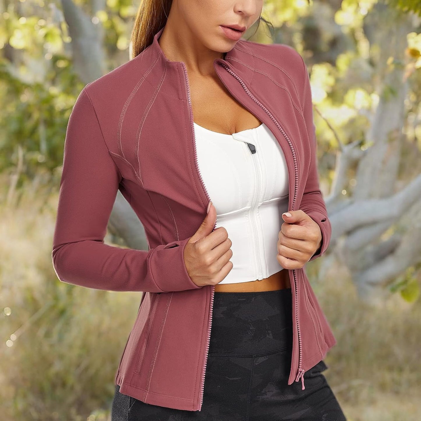 Traininggirl Women'S Sports Jacket Full Zip Workout Running Jacket Slim Fit Long Sleeve Yoga Track Jacket with Thumb Holes