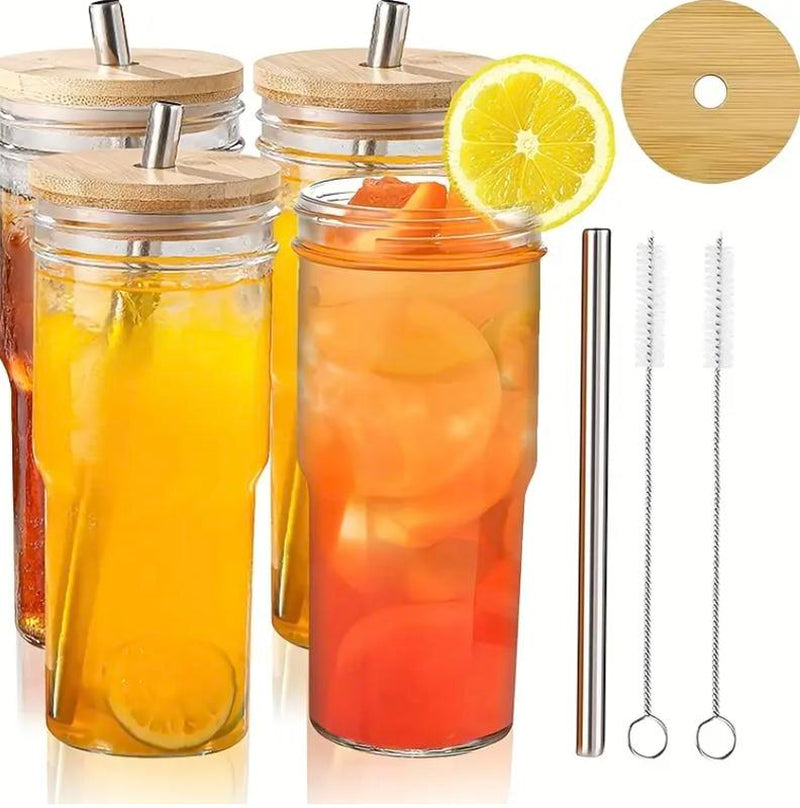 Bigmouth 24Oz Glass Cups with Bamboo Lids & Straw Travel Tumbler Set - 2 Mason Jars, 2 Matching Bamboo Lids, Straw Brush, Versatile Aesthetic Drinkware Glass Tumbler Cecily Bauchmann Drinkware European Water Homelander Water