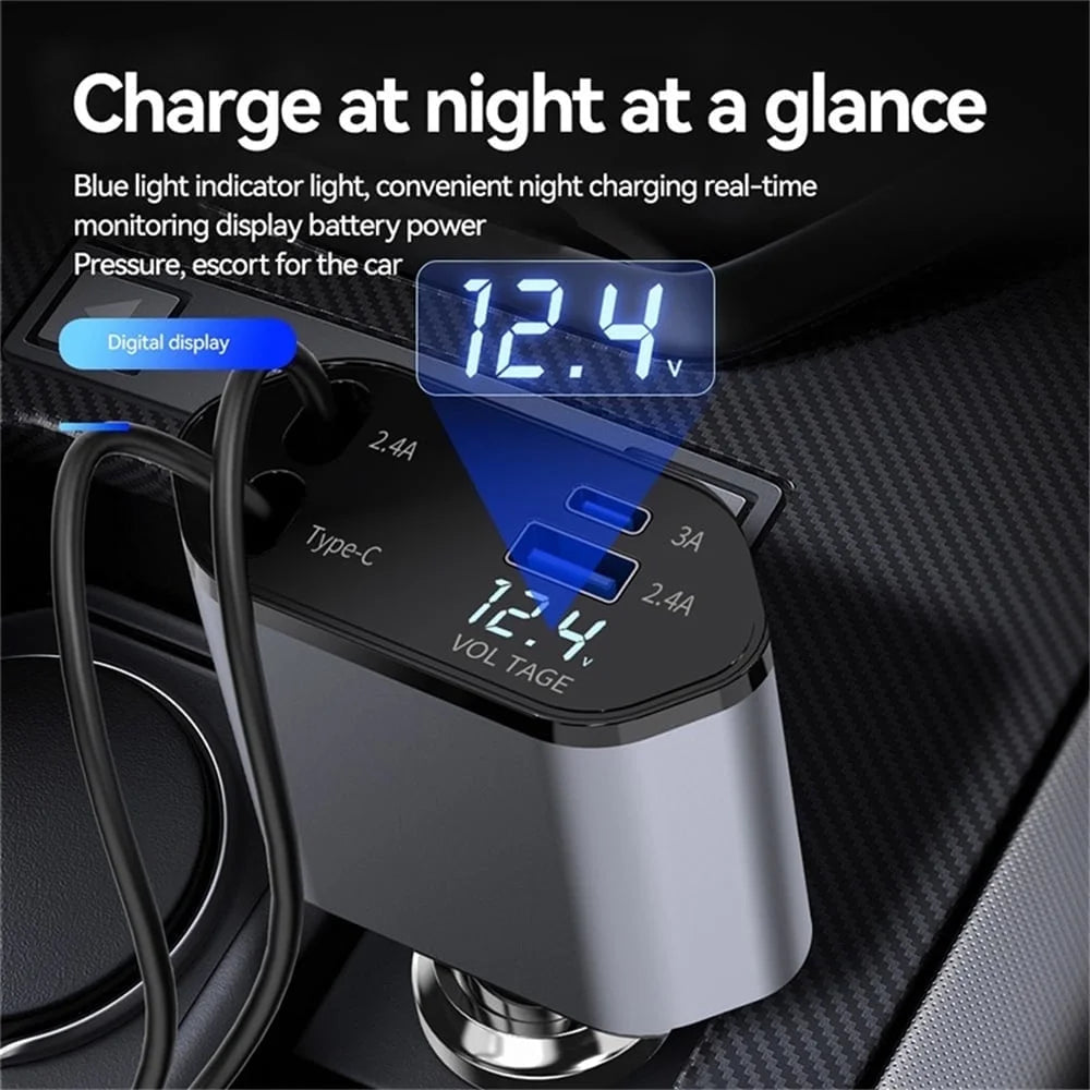 100W Retractable Car Charger - 4-in-1 Super Fast Charging with iPhone, USB-C, and 2 USB Ports