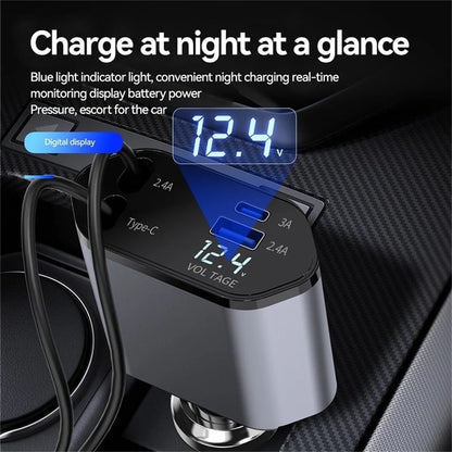 100W Retractable Car Charger - 4-in-1 Super Fast Charging with iPhone, USB-C, and 2 USB Ports