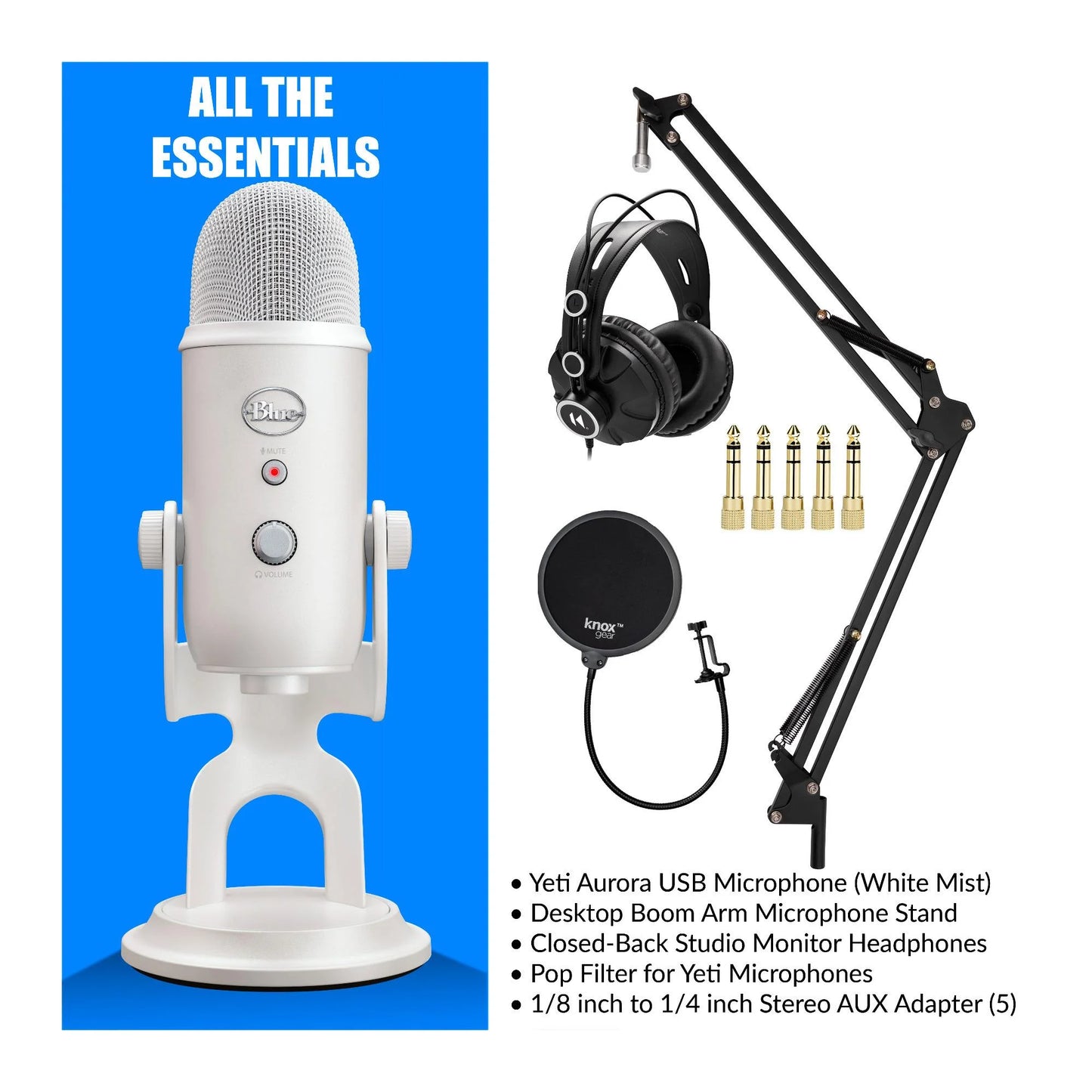 Yeti USB Microphone (White Mist) with Microphone Stand, Headphones Bundle