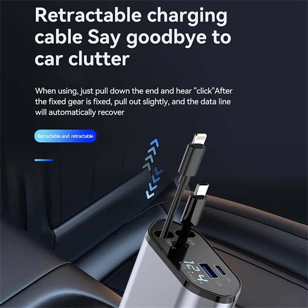 100W Retractable Car Charger - 4-in-1 Super Fast Charging with iPhone, USB-C, and 2 USB Ports