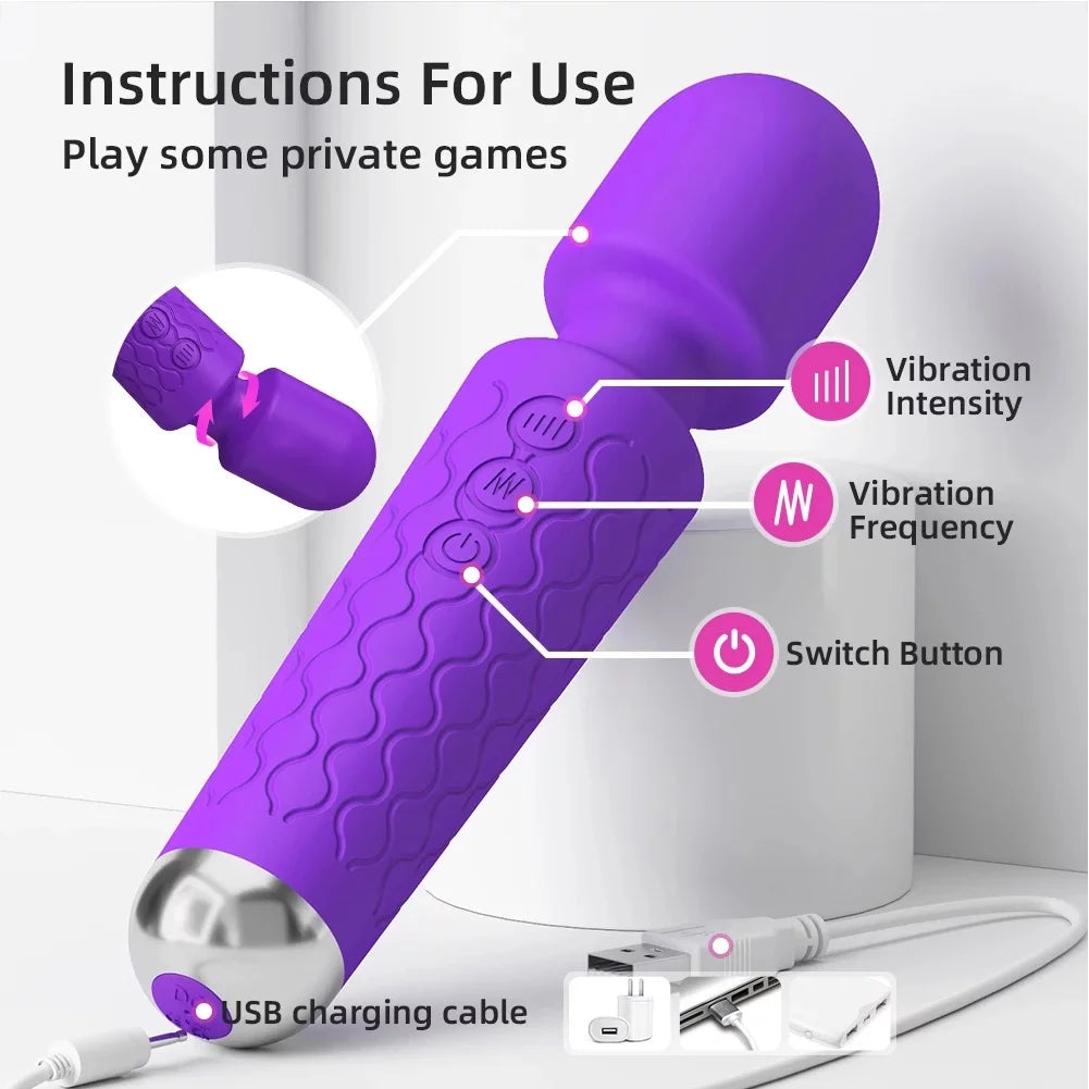 Powerful Purple Wand Massager - 8 Speeds & 20 Vibration Modes for Ultimate Pleasure