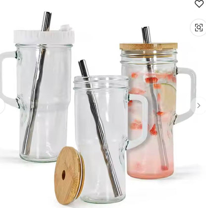 Bigmouth 24Oz Glass Cups with Bamboo Lids & Straw Travel Tumbler Set - 2 Mason Jars, 2 Matching Bamboo Lids, Straw Brush, Versatile Aesthetic Drinkware Glass Tumbler Cecily Bauchmann Drinkware European Water Homelander Water