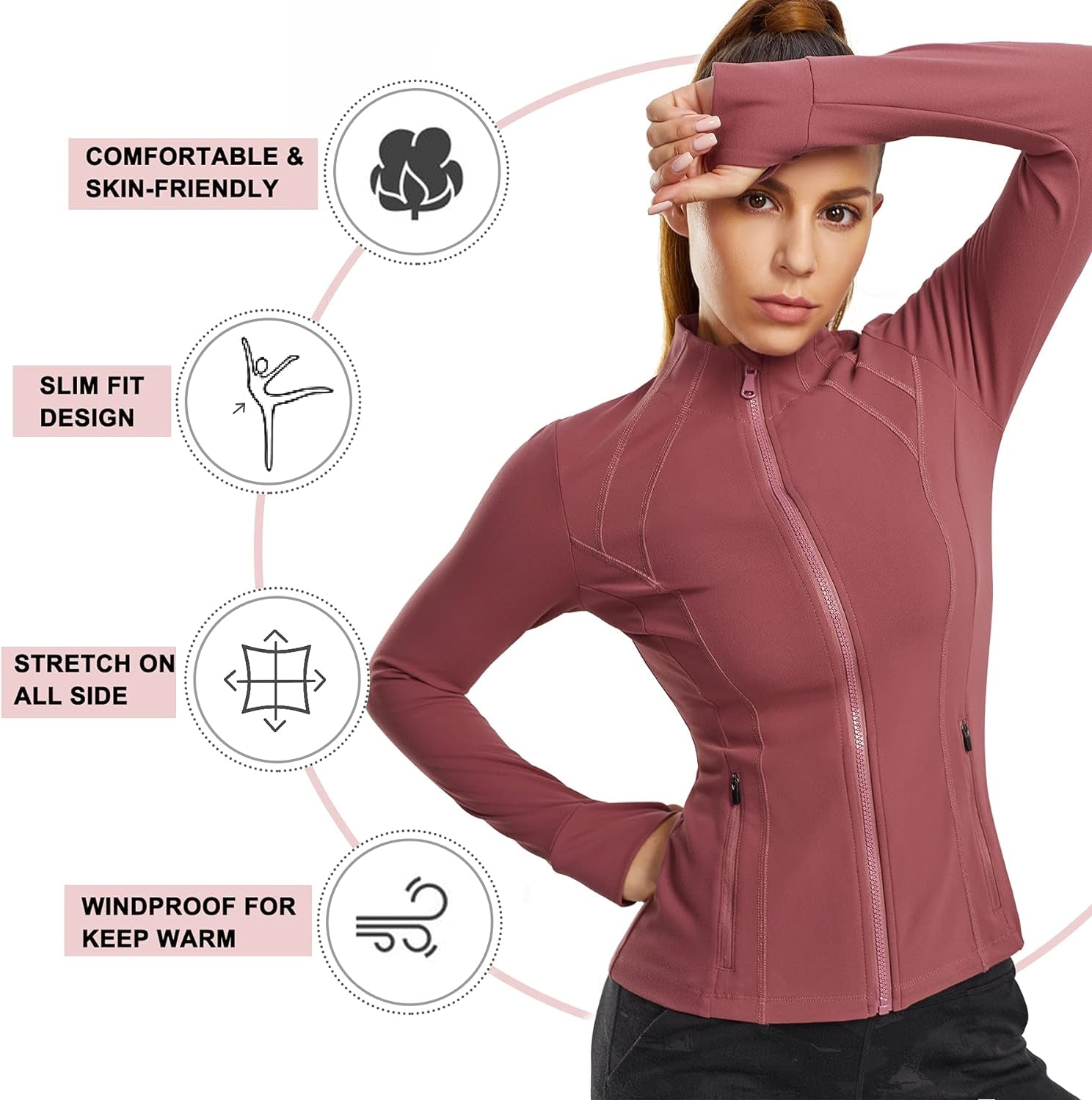 Traininggirl Women'S Sports Jacket Full Zip Workout Running Jacket Slim Fit Long Sleeve Yoga Track Jacket with Thumb Holes