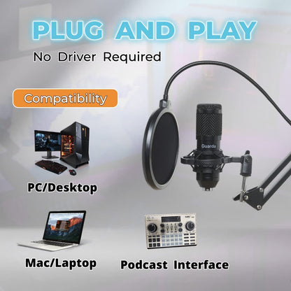 Studio Condenser USB Microphone Computer PC Microphone Kit with Adjustable Scissor Arm Stand Shock Mount