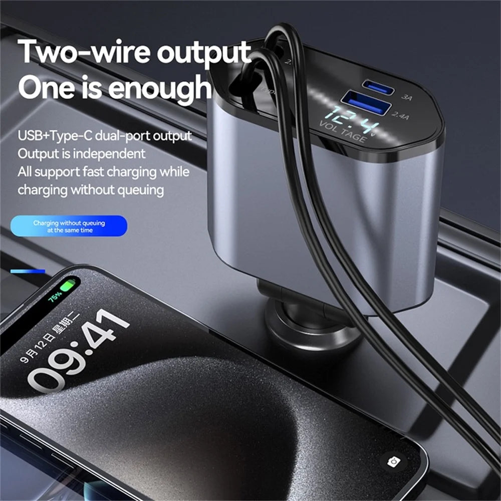 100W Retractable Car Charger - 4-in-1 Super Fast Charging with iPhone, USB-C, and 2 USB Ports