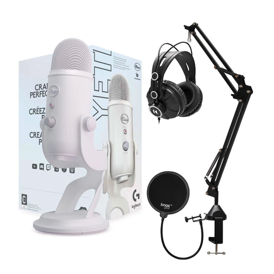 Yeti USB Microphone (White Mist) with Microphone Stand, Headphones Bundle