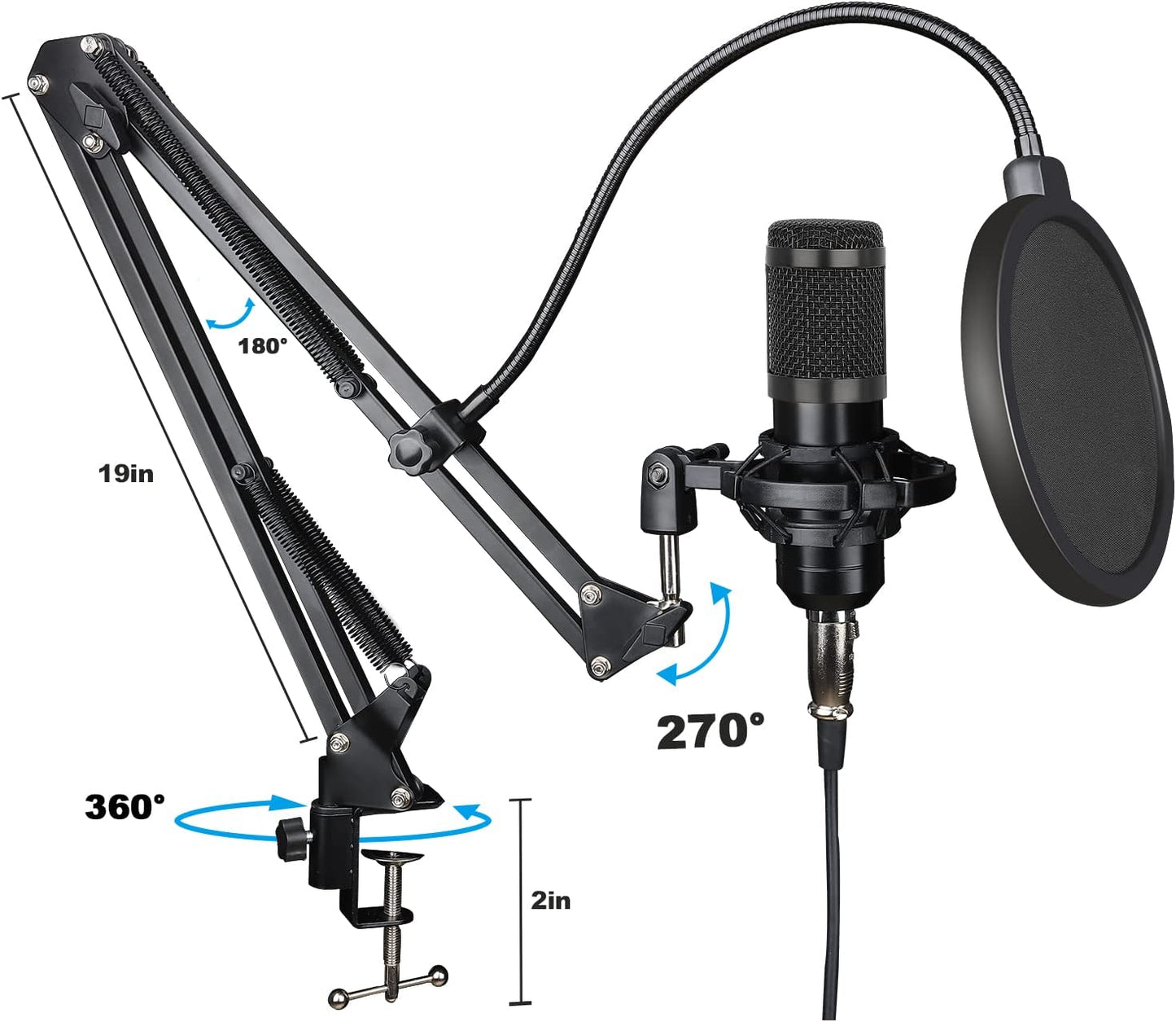 Studio Condenser USB Microphone Computer PC Microphone Kit with Adjustable Scissor Arm Stand Shock Mount