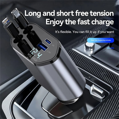 100W Retractable Car Charger - 4-in-1 Super Fast Charging with iPhone, USB-C, and 2 USB Ports