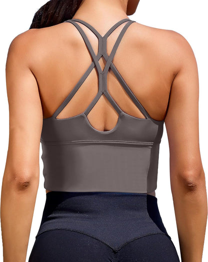 XUNYU Women's Longline Sports Bra - Stylish Strappy Crop Top for Yoga, Gym, and Running