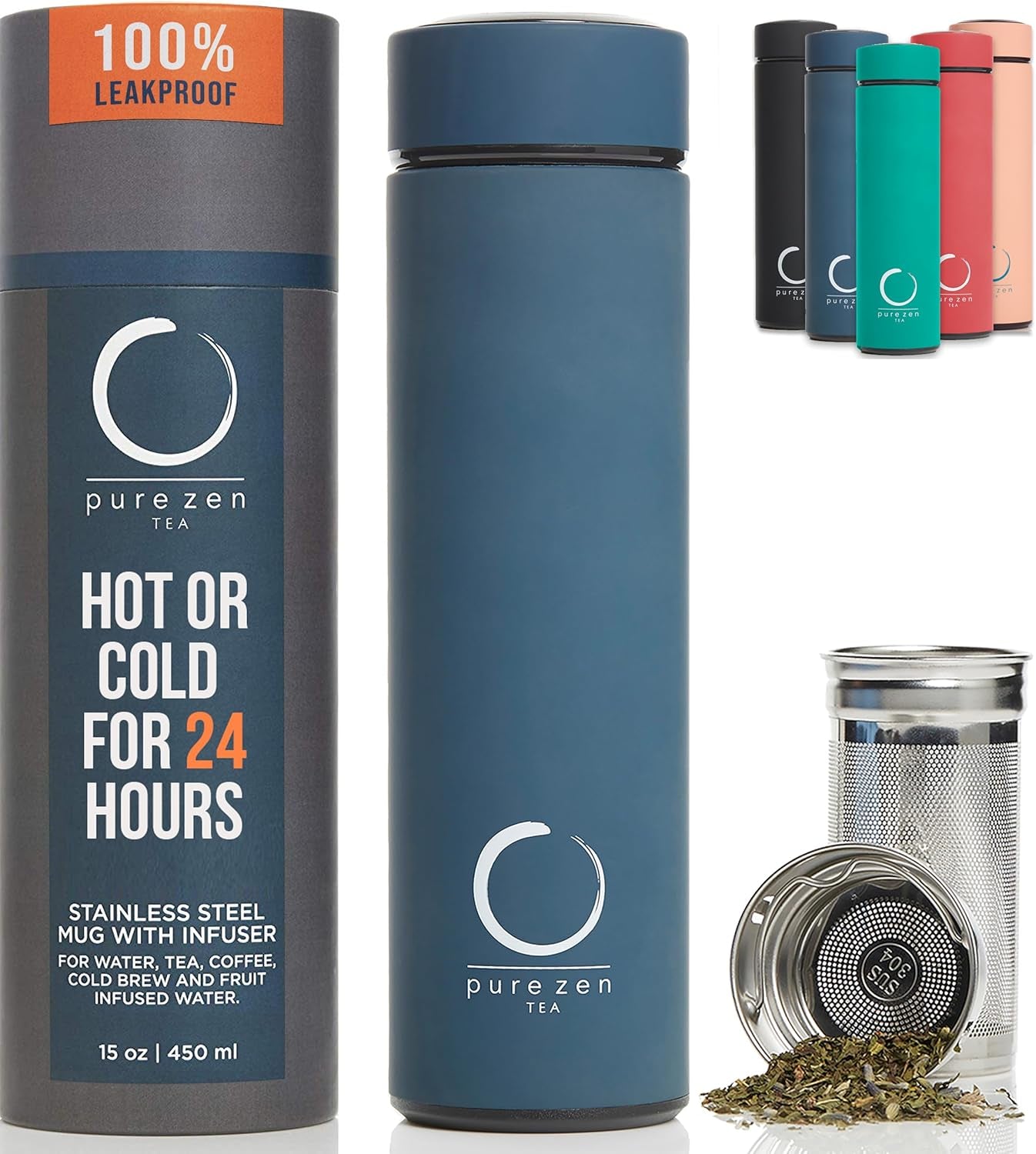 Pure Zen Tea Thermos with Infuser for Tea, Coffee and Fruit-Infused Water - Stainless Steel  Leakproof Travel Mug with Filter - 15Oz - Blue