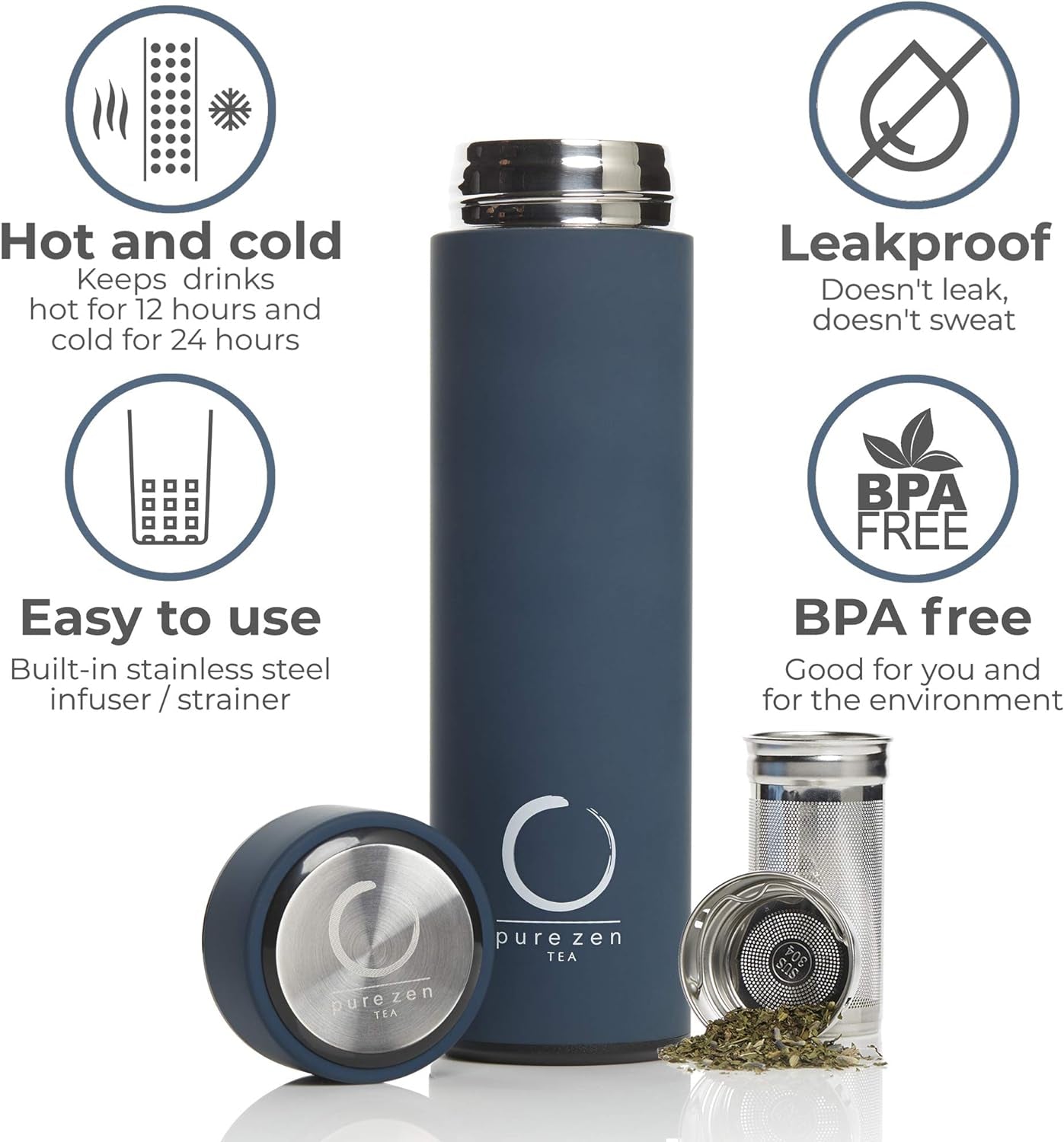 Pure Zen Tea Thermos with Infuser for Tea, Coffee and Fruit-Infused Water - Stainless Steel  Leakproof Travel Mug with Filter - 15Oz - Blue