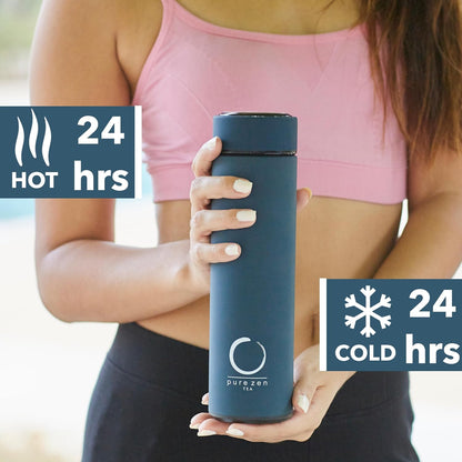 Pure Zen Tea Thermos with Infuser for Tea, Coffee and Fruit-Infused Water - Stainless Steel  Leakproof Travel Mug with Filter - 15Oz - Blue