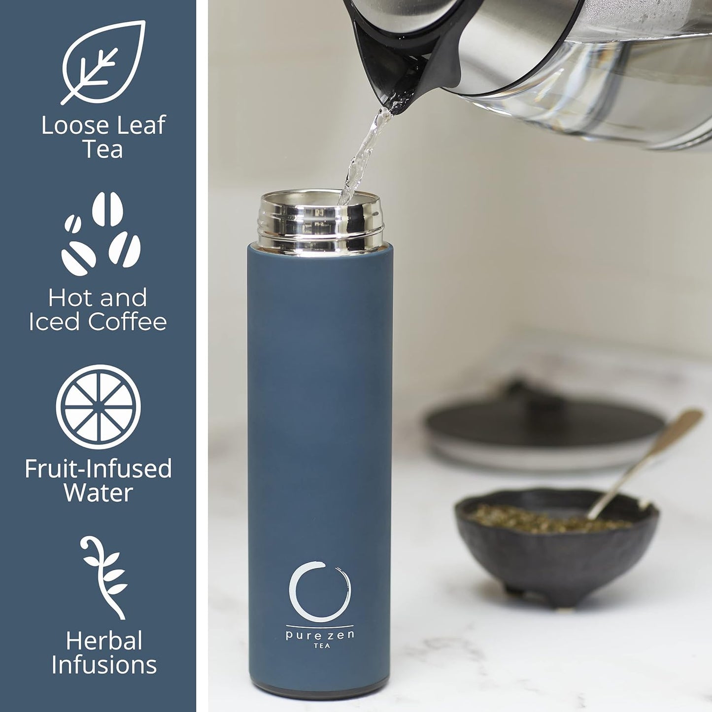 Pure Zen Tea Thermos with Infuser for Tea, Coffee and Fruit-Infused Water - Stainless Steel  Leakproof Travel Mug with Filter - 15Oz - Blue