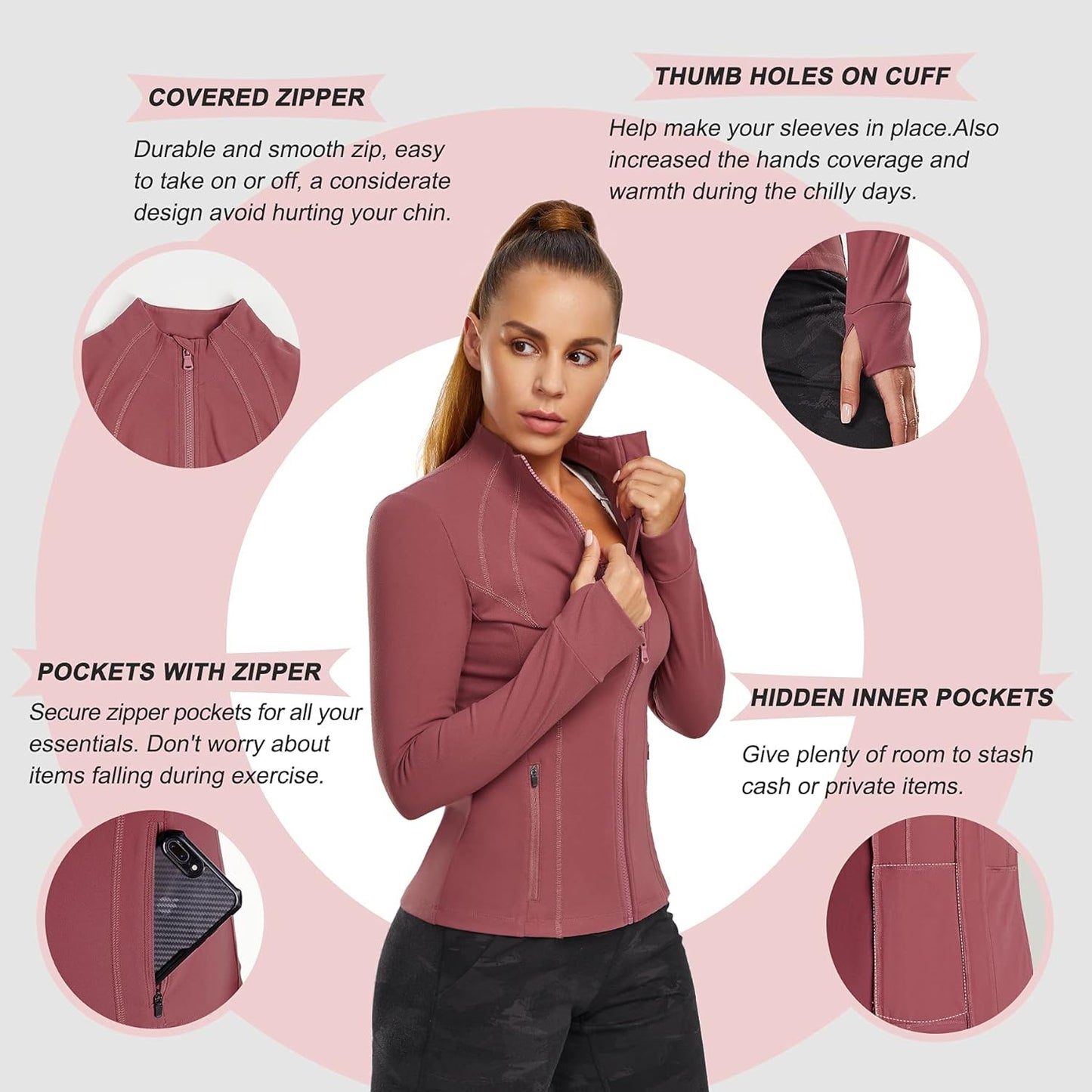 Traininggirl Women'S Sports Jacket Full Zip Workout Running Jacket Slim Fit Long Sleeve Yoga Track Jacket with Thumb Holes