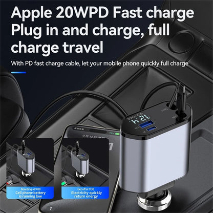 100W Retractable Car Charger - 4-in-1 Super Fast Charging with iPhone, USB-C, and 2 USB Ports