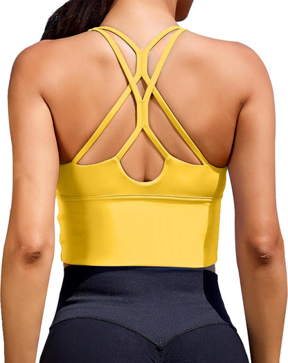 XUNYU Women's Strappy Longline Sports Bra - Stylish Crop Top for Yoga and Fitness Workouts