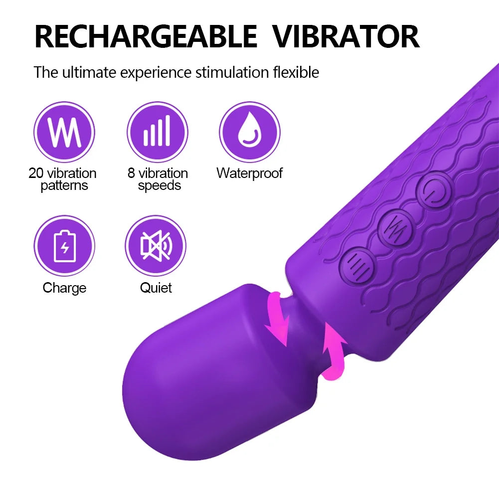 Powerful Purple Wand Massager - 8 Speeds & 20 Vibration Modes for Ultimate Pleasure