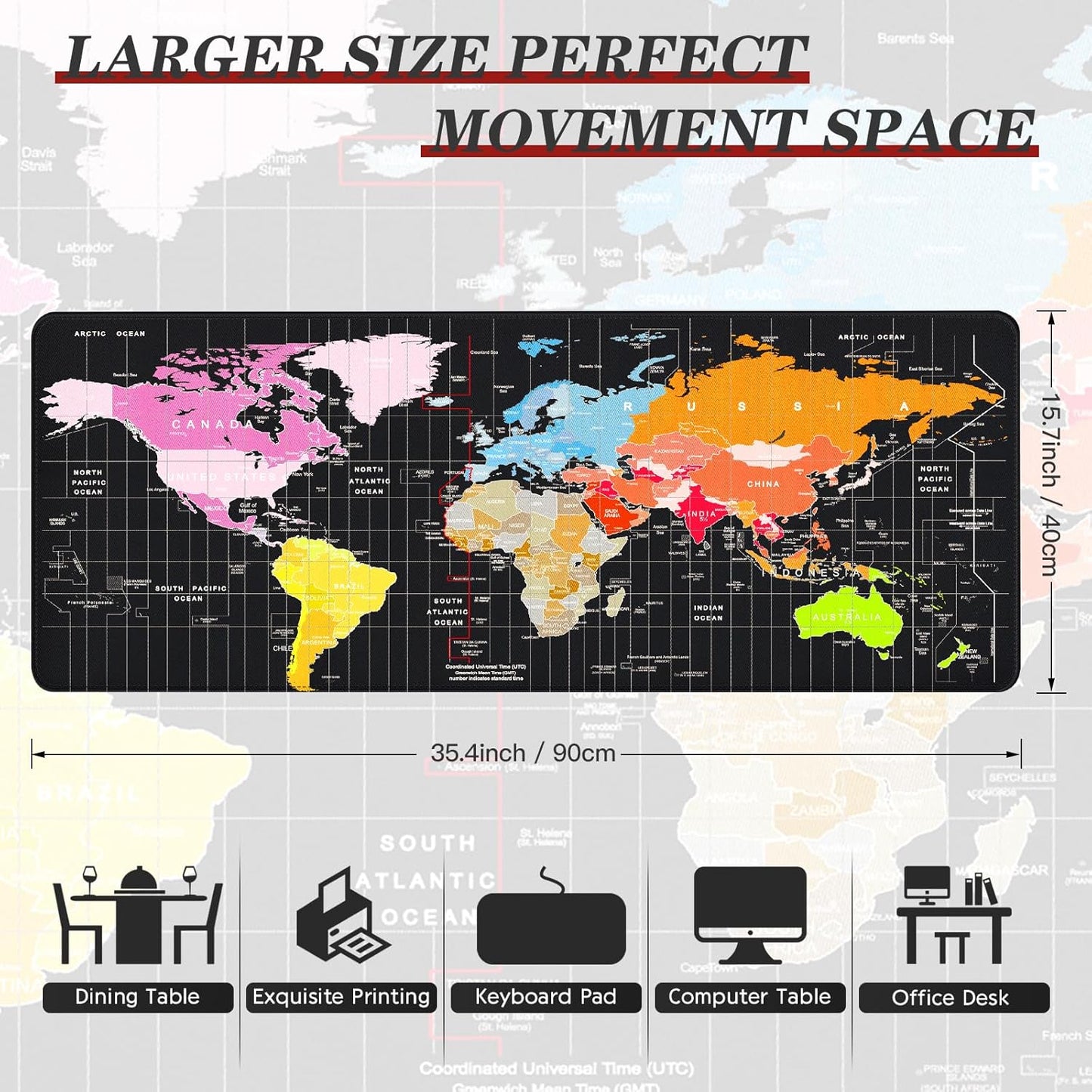 XXL Gaming Mouse Pad 35.40"X15.7"X0.12",Extended Desk Big Mat,World Map Pad with Non-Slip Base, Waterproof and Foldable Pad