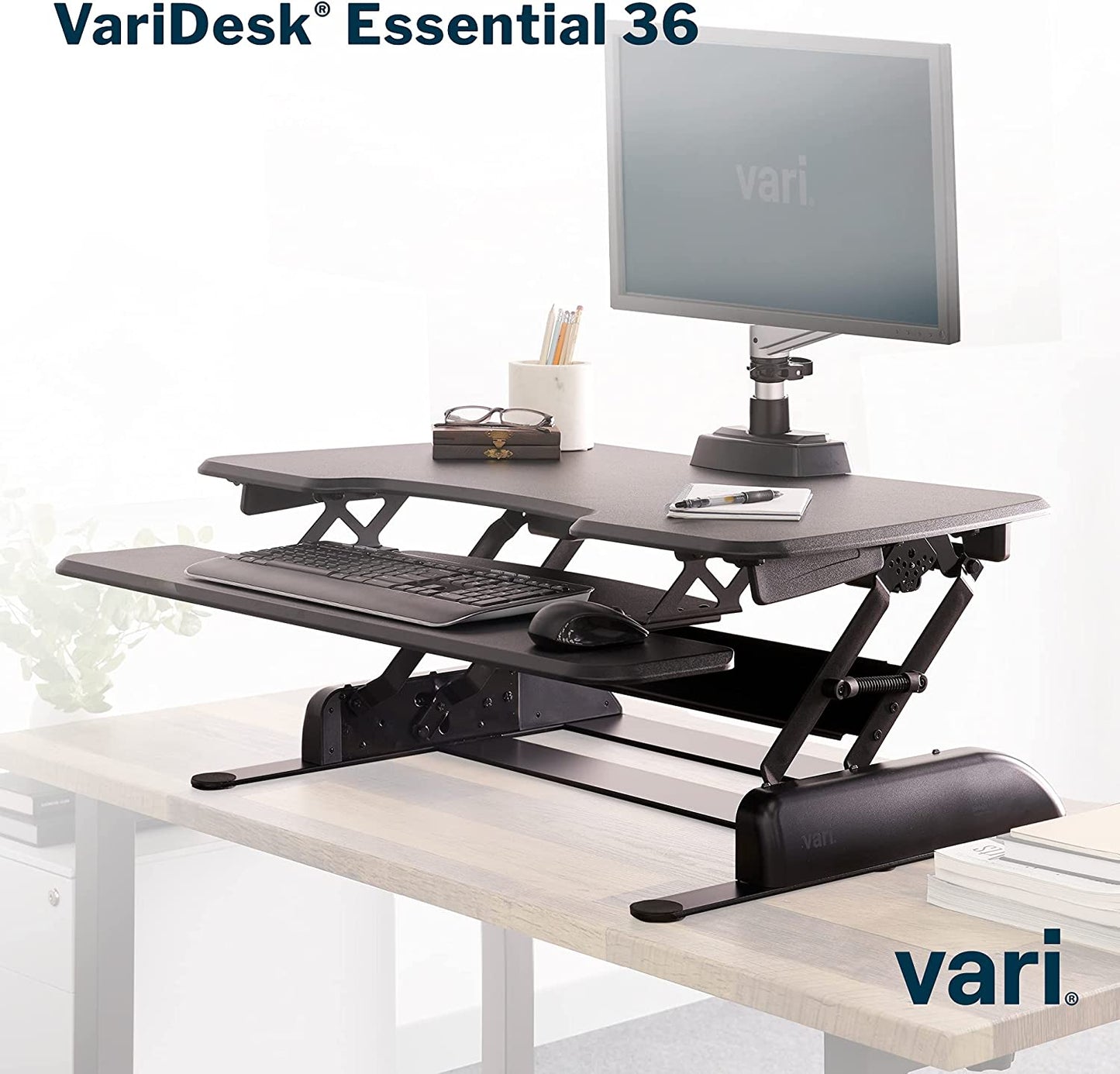 Vari -Two-Tier Standing Desk Converter for Monitor & Accessories - Height Adjustable Sit Stand Desk - Fully Assembled Monitor Riser for Home Office - 36" Wide, Black