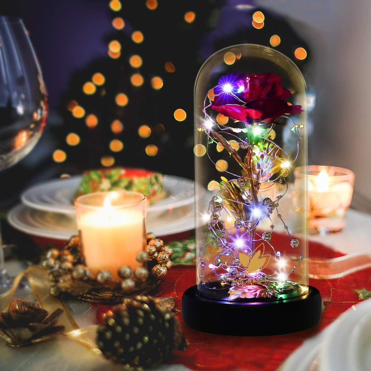 Valentines Day Gifts, Eternal Rose in Glass Dome, Colorful LED Lights