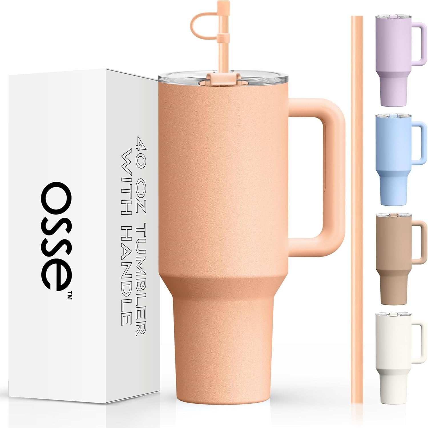 Osse 40Oz Tumbler with Handle and Straw Lid | Double Wall Vacuum Reusable Stainless Steel Insulated Water Bottle Travel Mug Cup | Modern Insulated Tumblers Cupholder Friendly (Peach Fuzz)